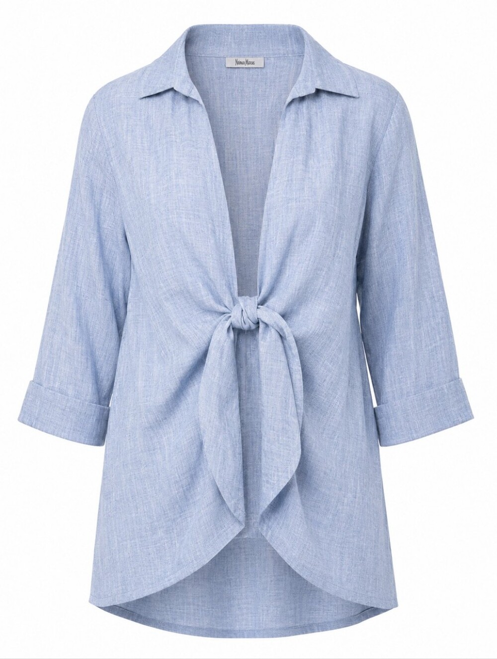 Neiman Marcus Light Blue Tie-Front Button Down Top